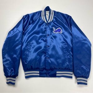 Vintage NFL Detroit Lions Chalk Line USA Made Blue Satin Bomber Jacket Sz S